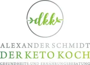 Logo von „Der Keto Koch“. Oben ein Kreis mit den grünen Buchstaben „dkk“ und Blättern an den Seiten. Darunter steht „Alexander Schmidt“ in grauer Schrift, „Der Keto Koch“ in grüner Schrift und „Gesundheits- und Ernährungsberatung“ in grauer Schrift.